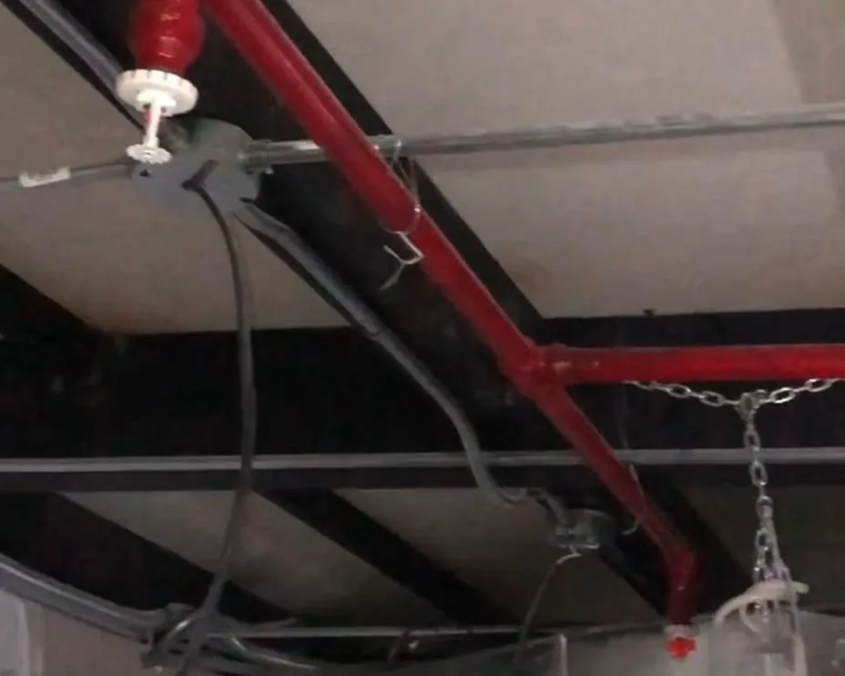 Tubería CI roja con rociador instalado en local